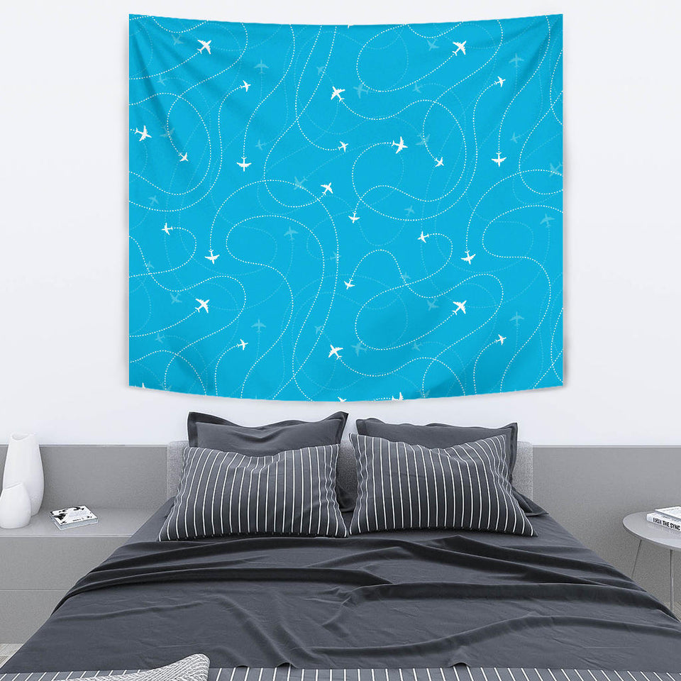 Airplane Destinations Blue Background Wall Tapestry