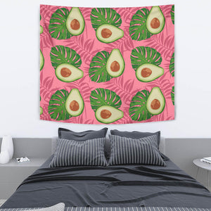 Avocado Slices Leaves Pink Back Ground Wall Tapestry