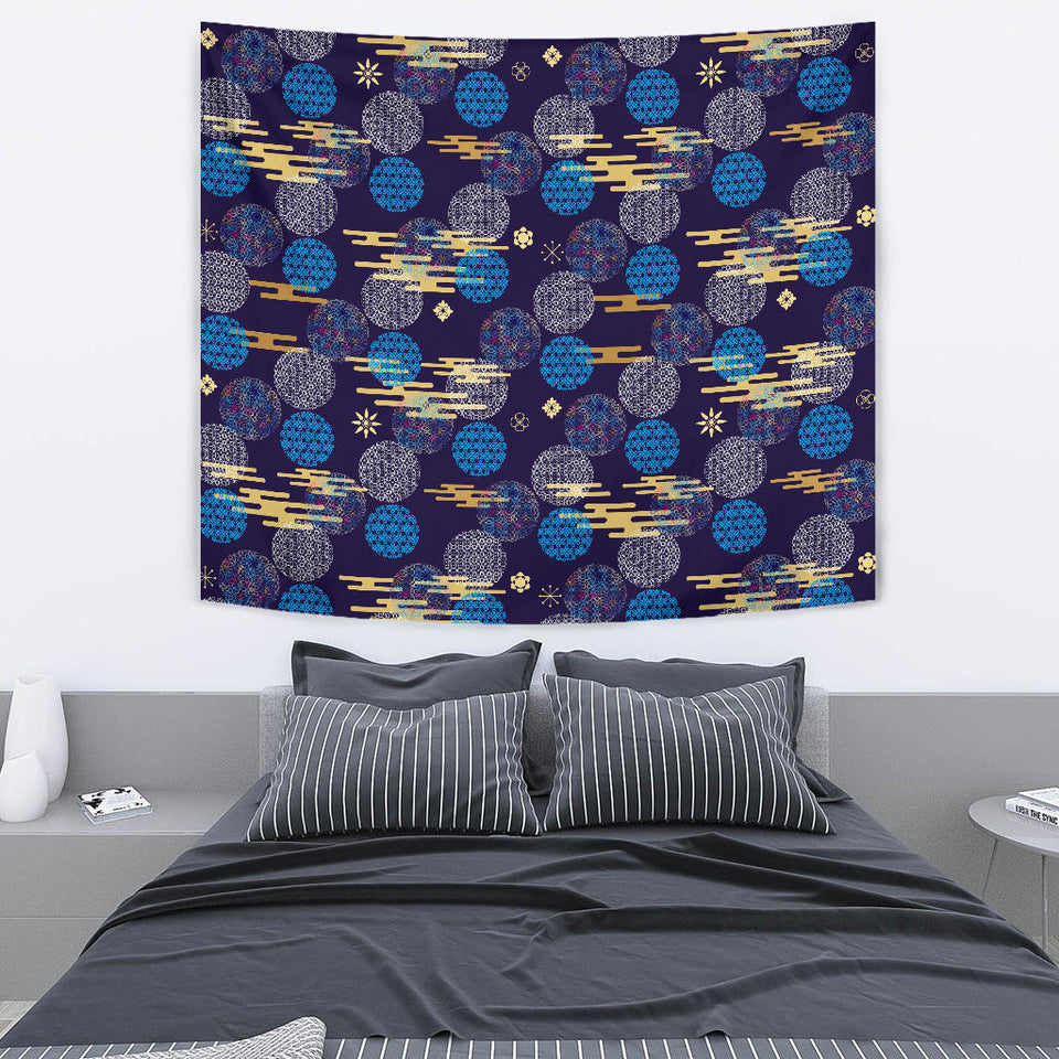 Blue Japanese Pattern Cloud Wave Flower Wall Tapestry