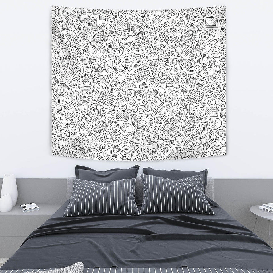 Cartoon Hand Drawn Ice Cream Black White Wall Tapestry