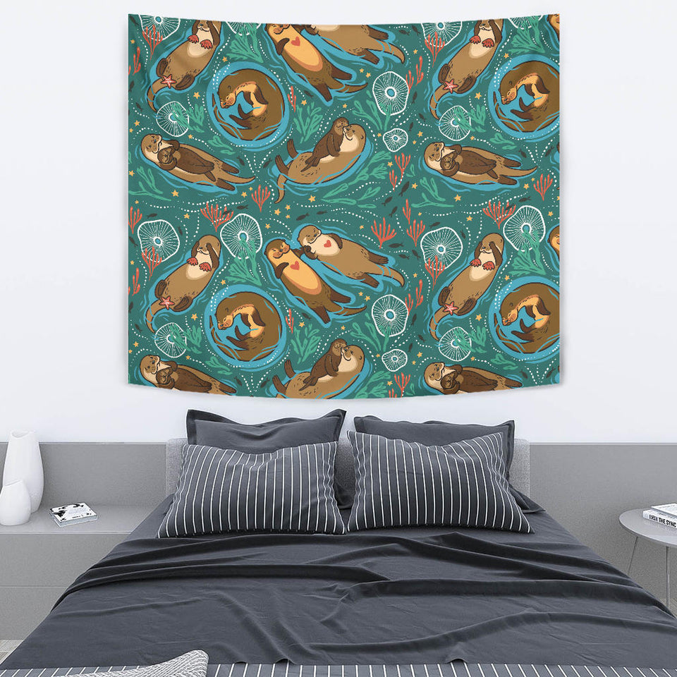 Cute Brown Sea Otters Ornamental Seaweed Corals Green Water Wall Tapestry
