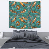 Cute Brown Sea Otters Ornamental Seaweed Corals Green Water Wall Tapestry