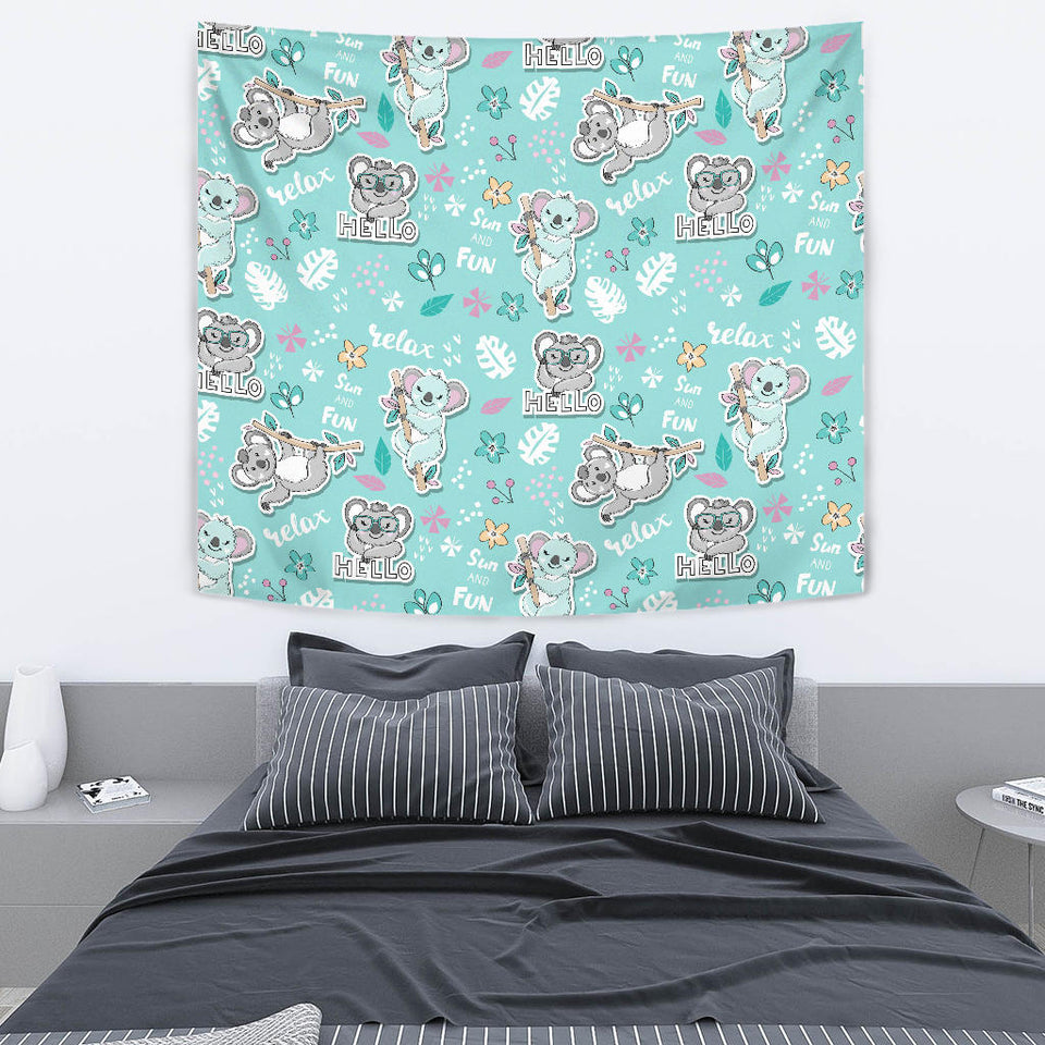Cute Koalas Blue Background Pattern Wall Tapestry