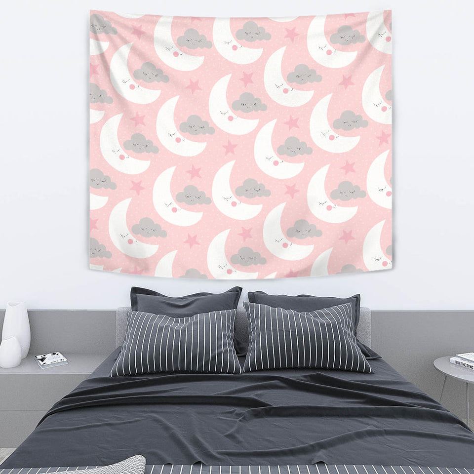 Cute Moon Cloud Star Pattern Pink Dot Background Wall Tapestry