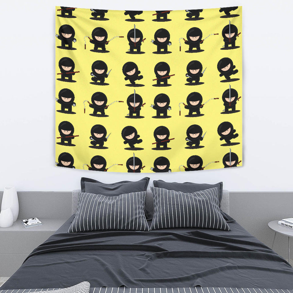 Cute Ninja Yellow Background Wall Tapestry