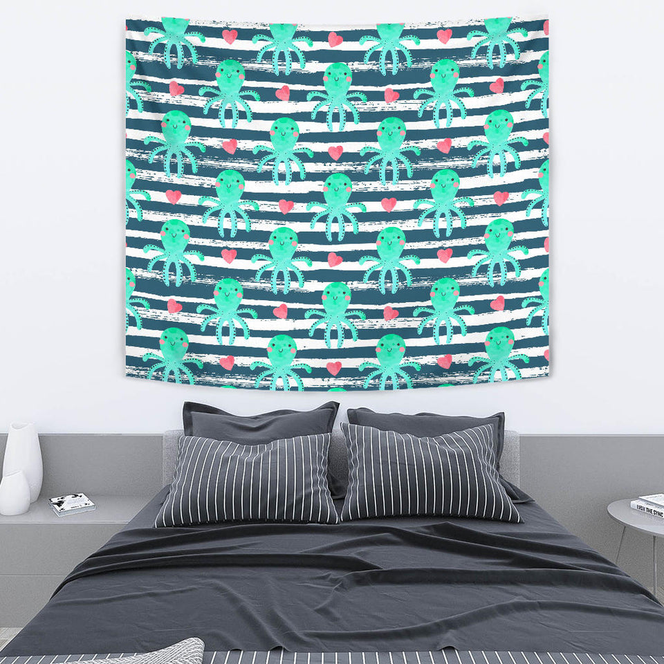 Cute Octopuses Heart Striped Background Wall Tapestry