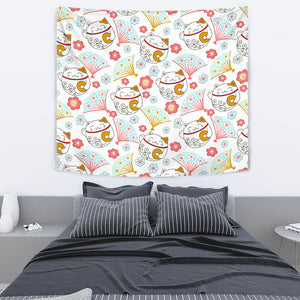 Maneki Neko Lucky Cat Fan Sakura Wall Tapestry