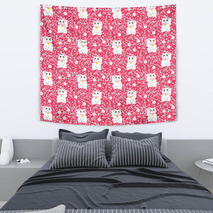 Maneki Neko Lucky Cat Sakura Pink Background Wall Tapestry