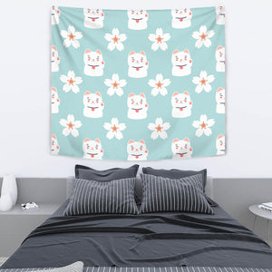 Maneki Neko Lucky Cat Sakura Wall Tapestry