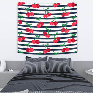 Hand Drawn Cherry Pattern Striped Background Wall Tapestry