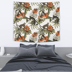 Monkey Red Hibiscus Flower Palm Leaves Floral Pattern Wall Tapestry