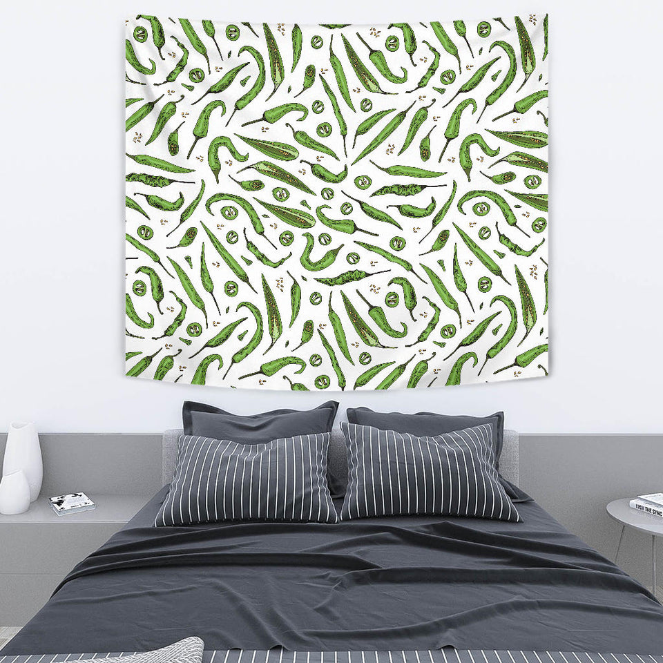 Hand Drawn Sketch Style Green Chili Peppers Pattern Wall Tapestry