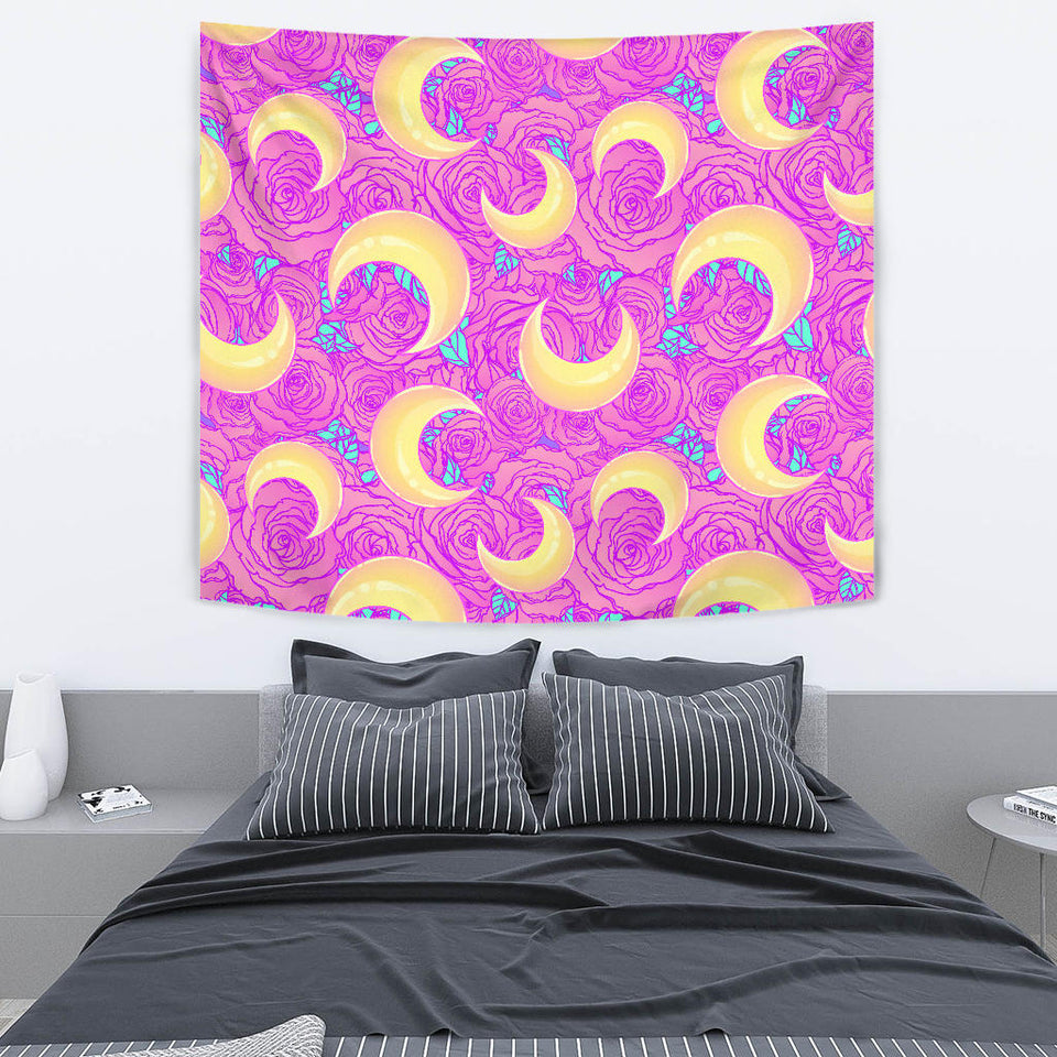 Moon Pink Rose Background Wall Tapestry
