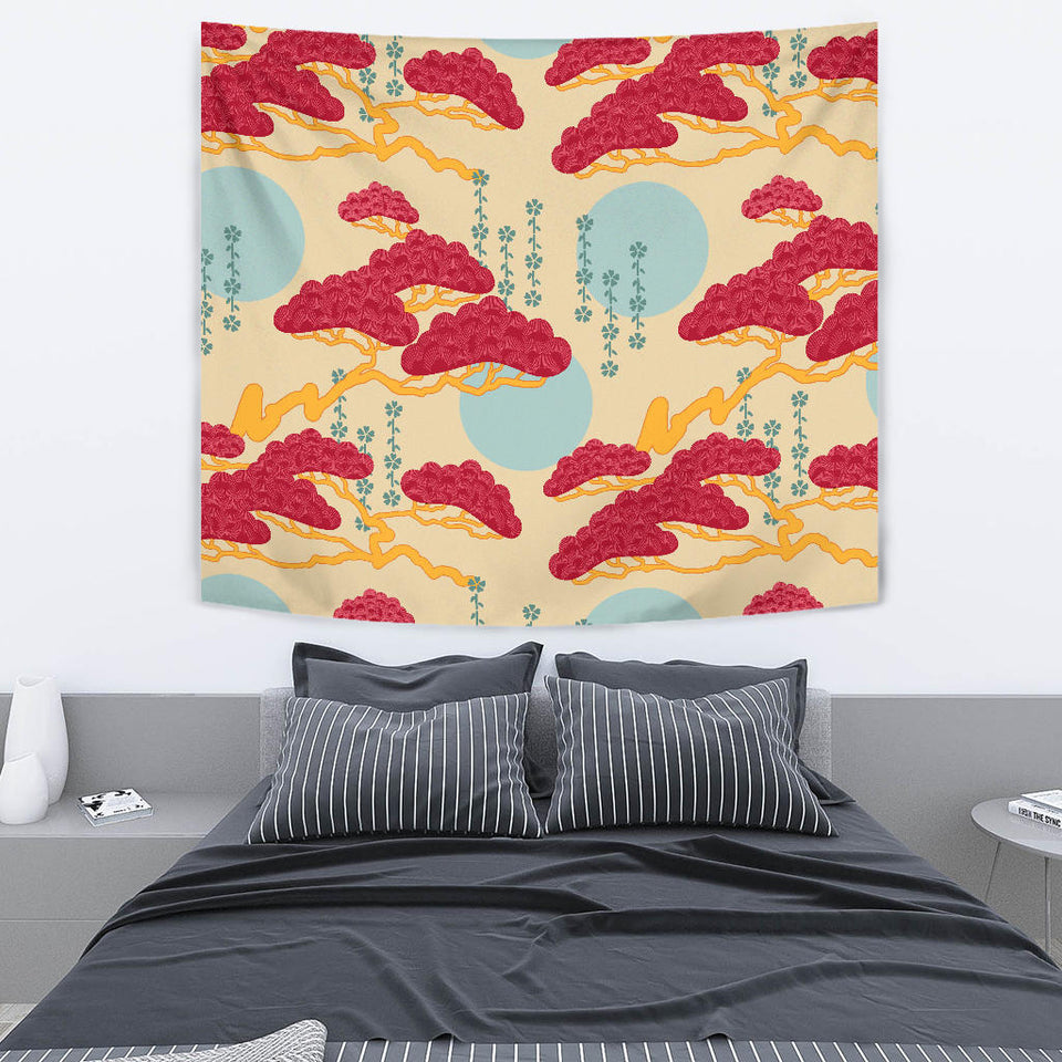 Red Bonsai Gray Sun Japanese Pattern Wall Tapestry