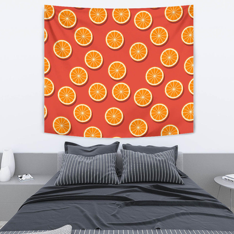 Oranges Pattern Red Background Wall Tapestry