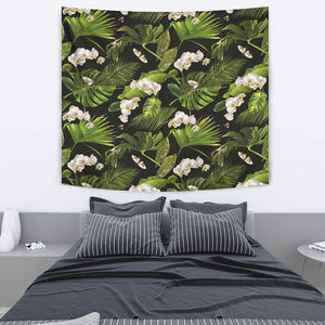 White Orchid Flower Tropical Leaves Pattern Blackground Wall Tapestry