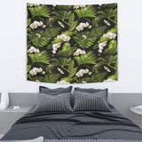 White Orchid Flower Tropical Leaves Pattern Blackground Wall Tapestry