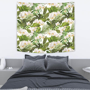 White Orchid Flower Tropical Leaves Pattern Wall Tapestry
