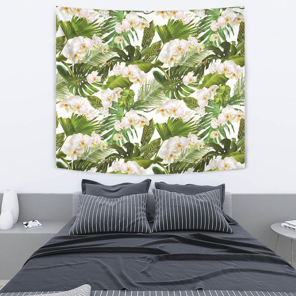 White Orchid Flower Tropical Leaves Pattern Wall Tapestry