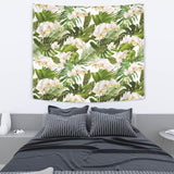 White Orchid Flower Tropical Leaves Pattern Wall Tapestry
