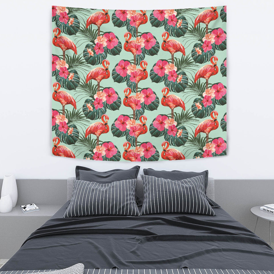 Beautiful Flamingo Tropical Palm Leaves Hibiscus Pateern Background Wall Tapestry