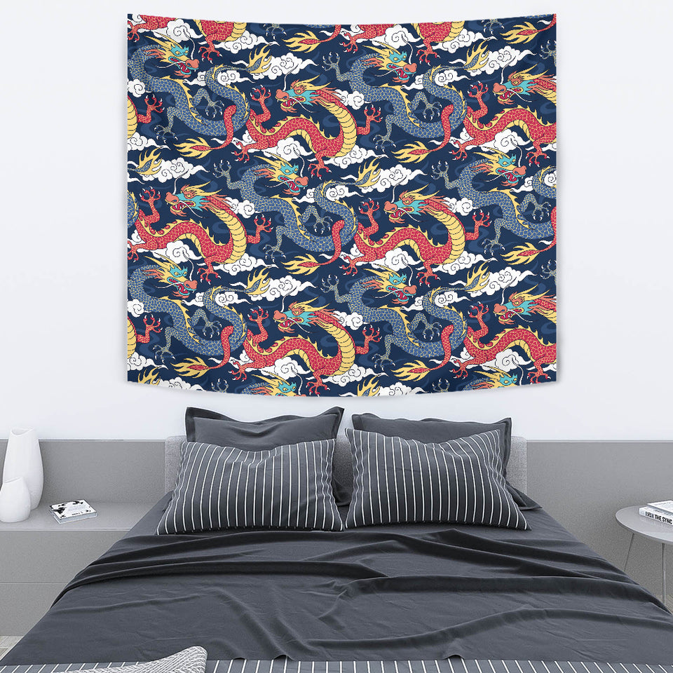 Blue Red Dragon Cloud Pattern Wall Tapestry