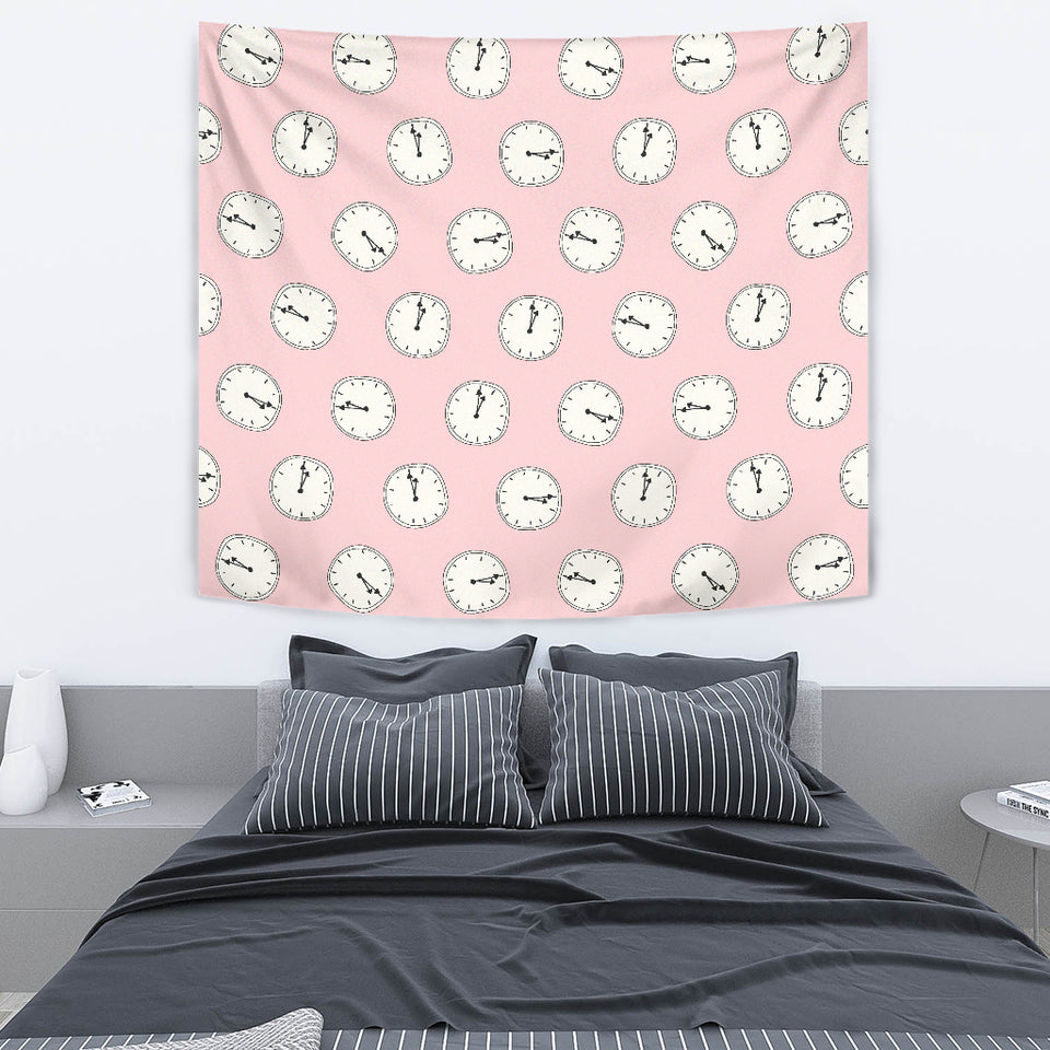 Clock Pattern Pink Blackground Wall Tapestry