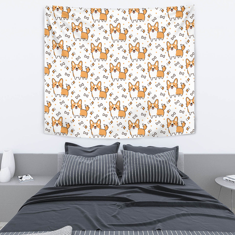 Cute Corgi Heart Star Bone Pattern Wall Tapestry
