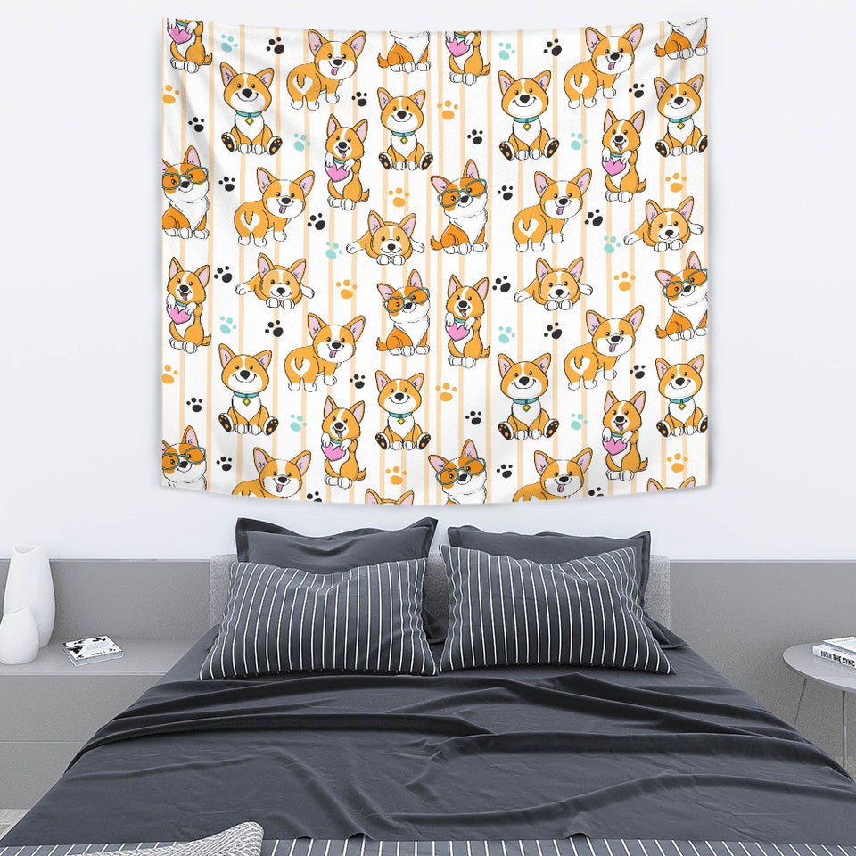Cute Dog Corgi Striped Background Pattern Wall Tapestry
