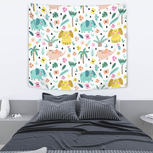 Cute Elephants Palm Tree Flower Butterfly Pattern Wall Tapestry