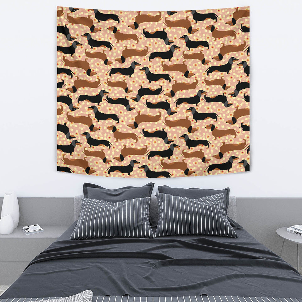 Dachshund Floral Background Wall Tapestry