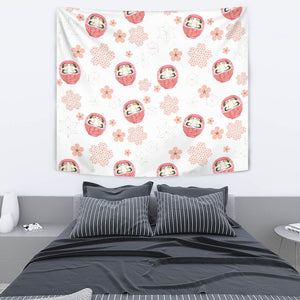 Daruma Japanese Wooden Doll Cherry Blossom Flower Pattern Wall Tapestry