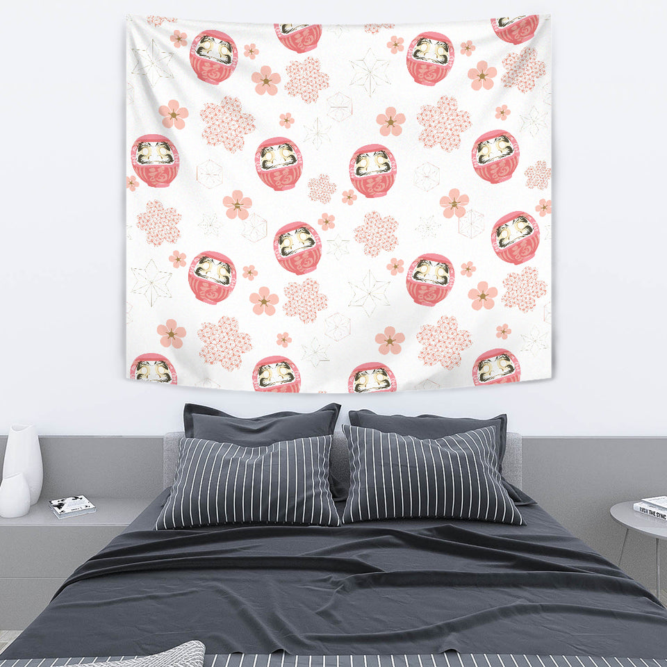 Daruma Japanese Wooden Doll Cherry Blossom Flower Pattern Wall Tapestry