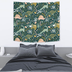 Dinosaurs Tropical Leaves Flower Pattern Wall Tapestry