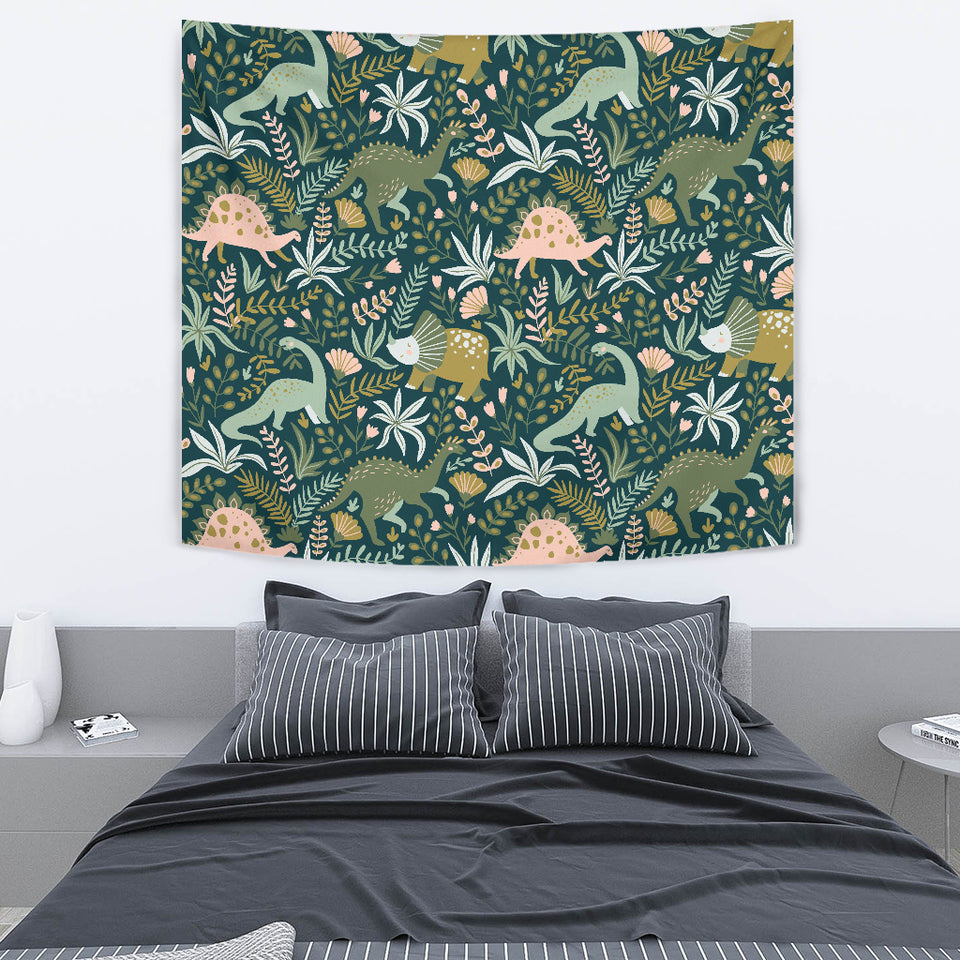 Dinosaurs Tropical Leaves Flower Pattern Wall Tapestry