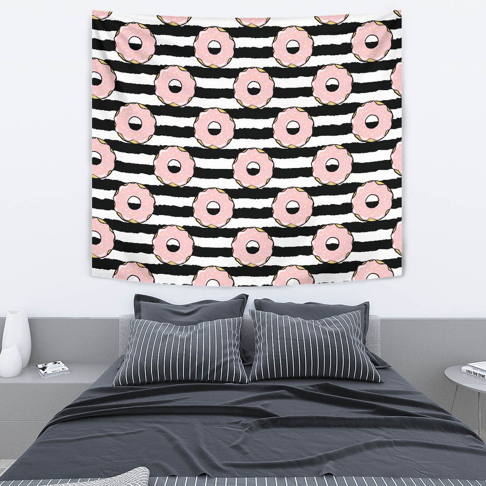 Donuts Pink Icing Striped Pattern Wall Tapestry