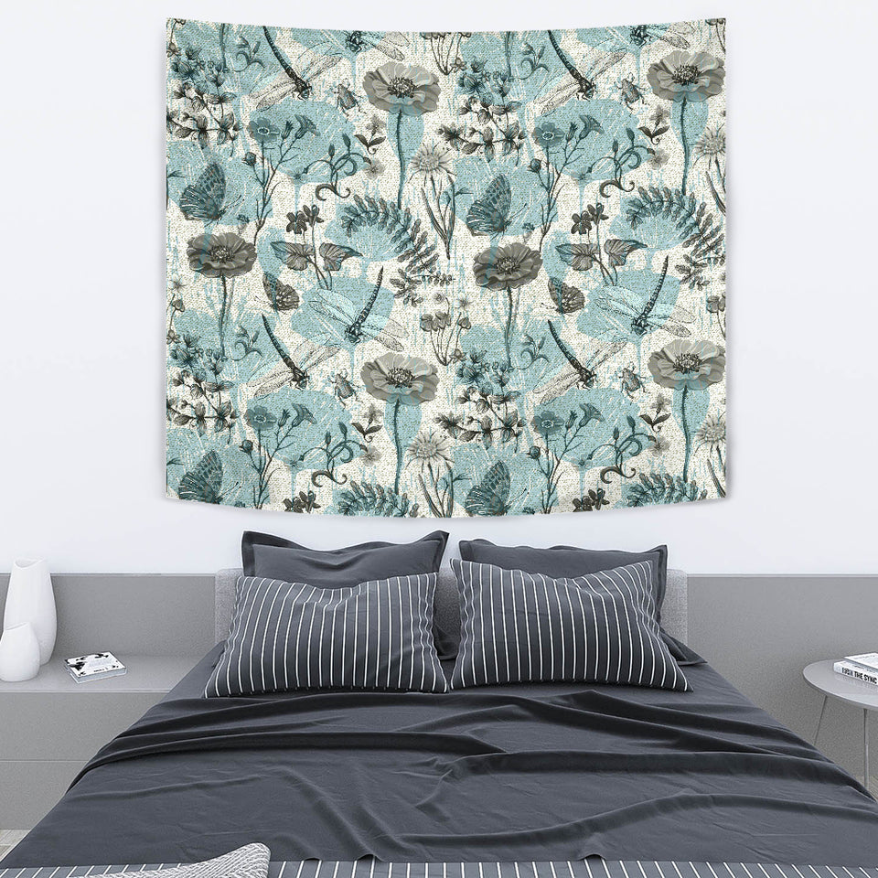 Dragonfly Butterfly Plants Insect Flower Vintage Style Pattern Wall Tapestry