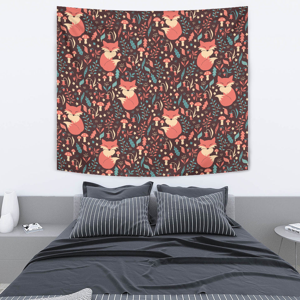 Fox Leaves Mushroom Pattern Wall Tapestry