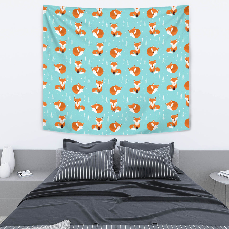 Fox Pattern Blue B Ackground Wall Tapestry