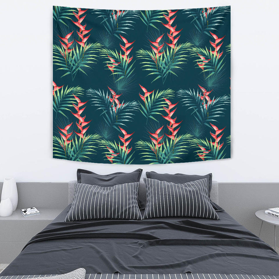 Heliconia Flowers, Palm And Monstera Leaves On Black Background Pattern Wall Tapestry