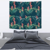 Heliconia Flowers, Palm And Monstera Leaves On Black Background Pattern Wall Tapestry