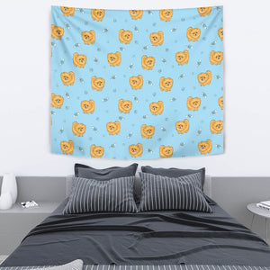 Brown Cute Pomeranian Blue Blackground Wall Tapestry
