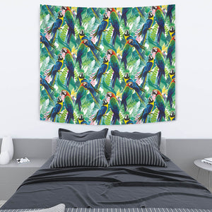 Colorful Parrot Exotic Flower Leaves Wall Tapestry