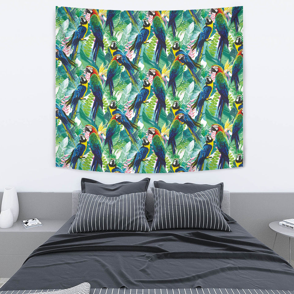 Colorful Parrot Exotic Flower Leaves Wall Tapestry
