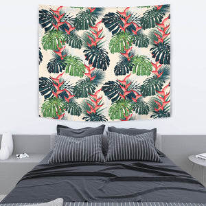 Heliconia Flowers, Palm And Monstera Leaves Wall Tapestry