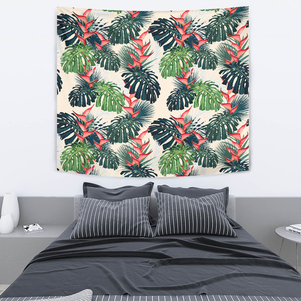 Heliconia Flowers, Palm And Monstera Leaves Wall Tapestry