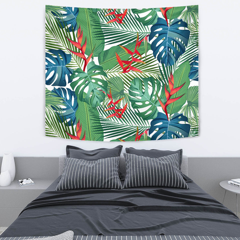 Heliconia Palm And Monstera  Leaves Pattern Wall Tapestry