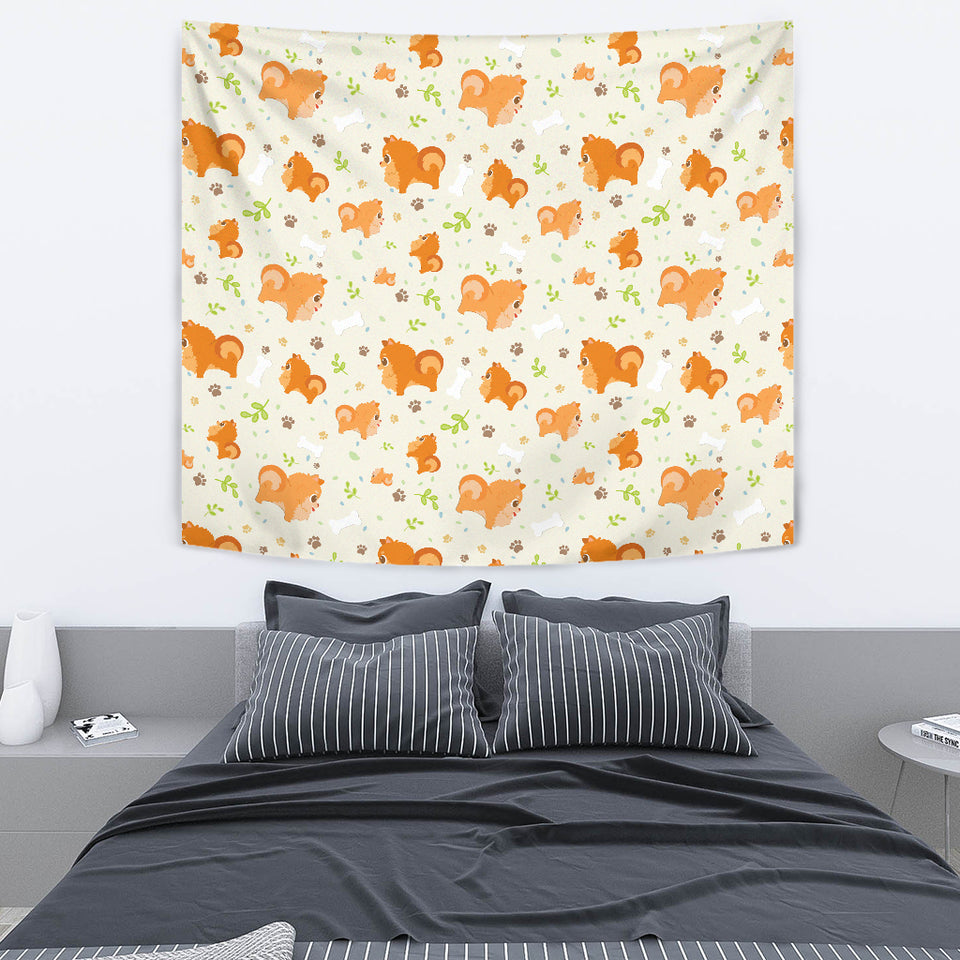 Cute Brown Pomeranian Paw Leave Bone Pattern Wall Tapestry