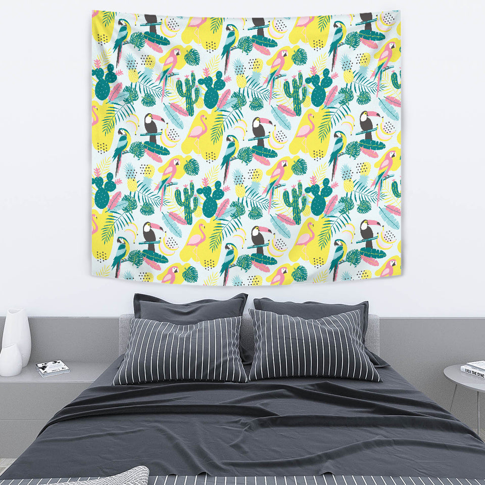 Cute Parrot Toucan Flamingo Cactus Exotic Leaves Pattern Wall Tapestry
