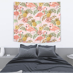 Pink Flamingo Birds Pineapples Hibiscus Flower Pattern Wall Tapestry
